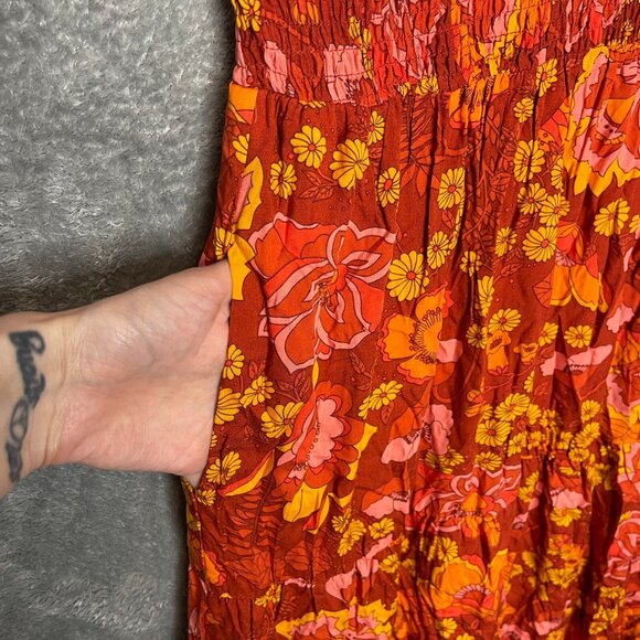 Women Colorful Floral 90s Retro Hippie Boho Girly Smocked Tiered Maxi Dress L - Picture 5 of 14